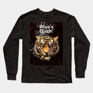 Cigar Smoking Tiger: An Intense Cigar Smoking Tiger "What's Blazin'" on a Dark Background Long Sleeve T-Shirt